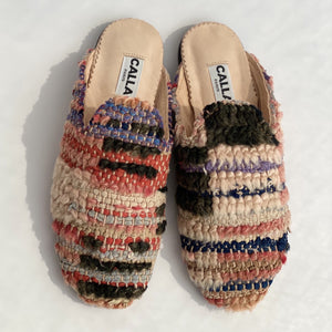 Beautiful handmade slippers handmade in Morocco from upcycled fabric.